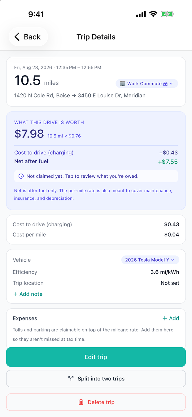 Trip detail with deduction value and route map
