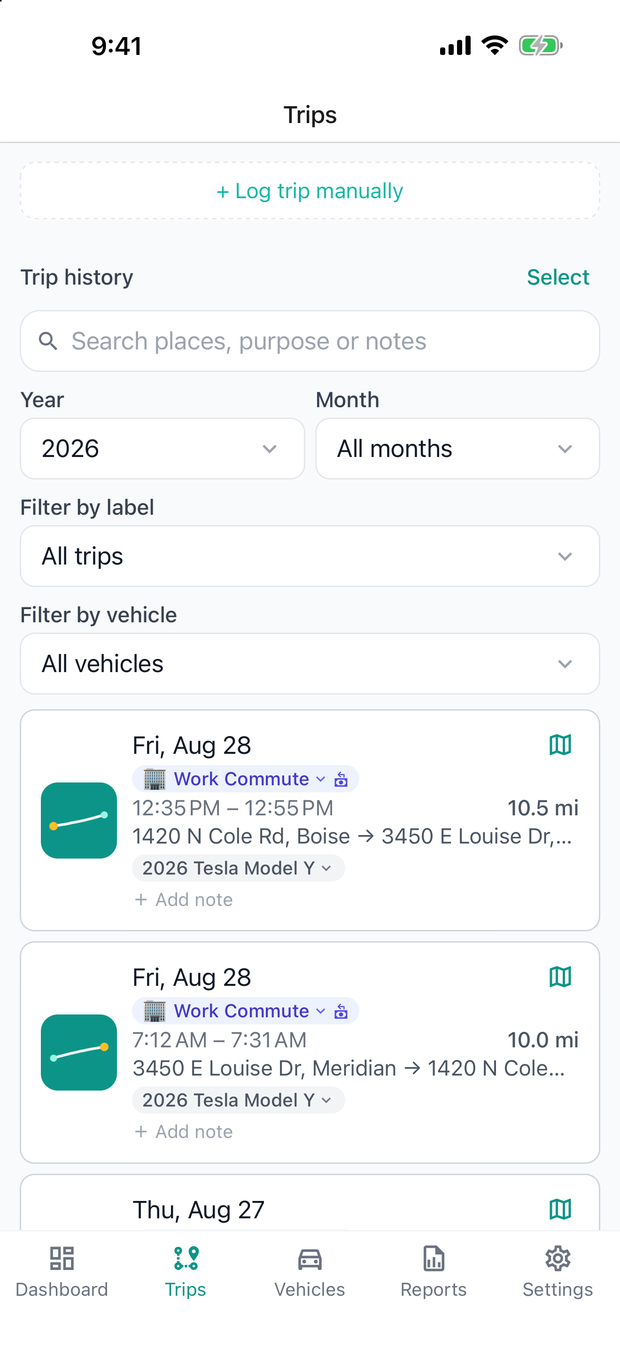 Trip log with routes, purposes, vehicles, and notes