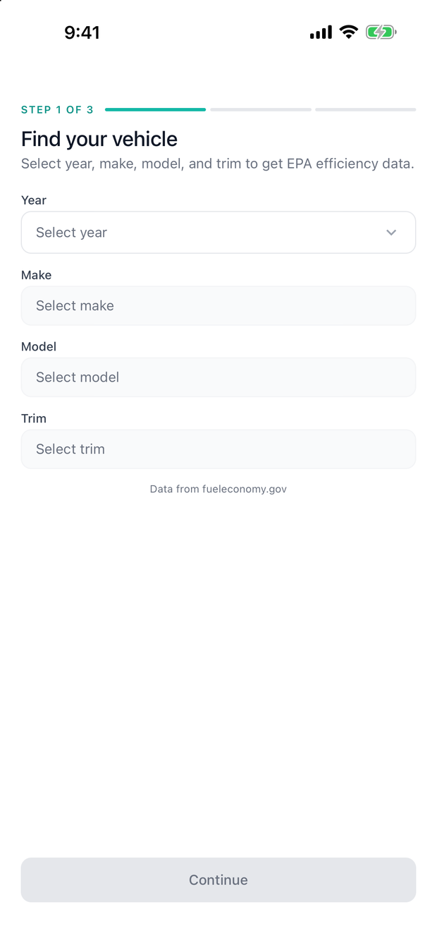 Selecting year, make, model and trim to load EPA efficiency data